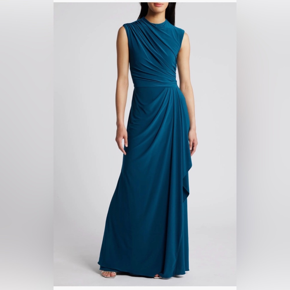 Betsy & Adam Teal/Mallard  Side Ruffle Ruched Sleeveles Jersey Gown Size 16 $199